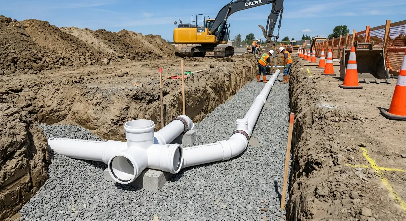 New PVC sewer pipe installation in open trench for Commercial Drain Cleaning in Thompson