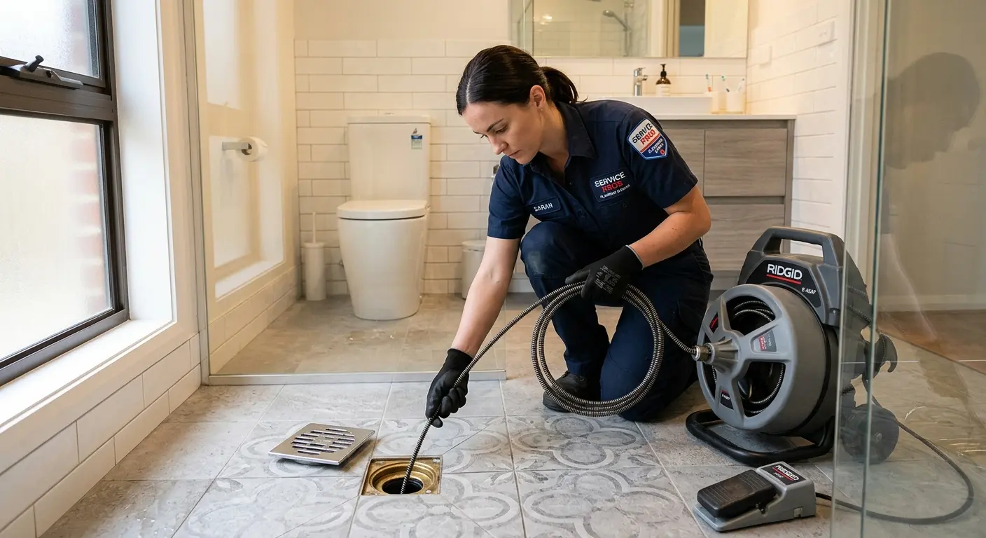 Technician clearing a bathroom floor drain for Clogged Drain Repair in Thompson